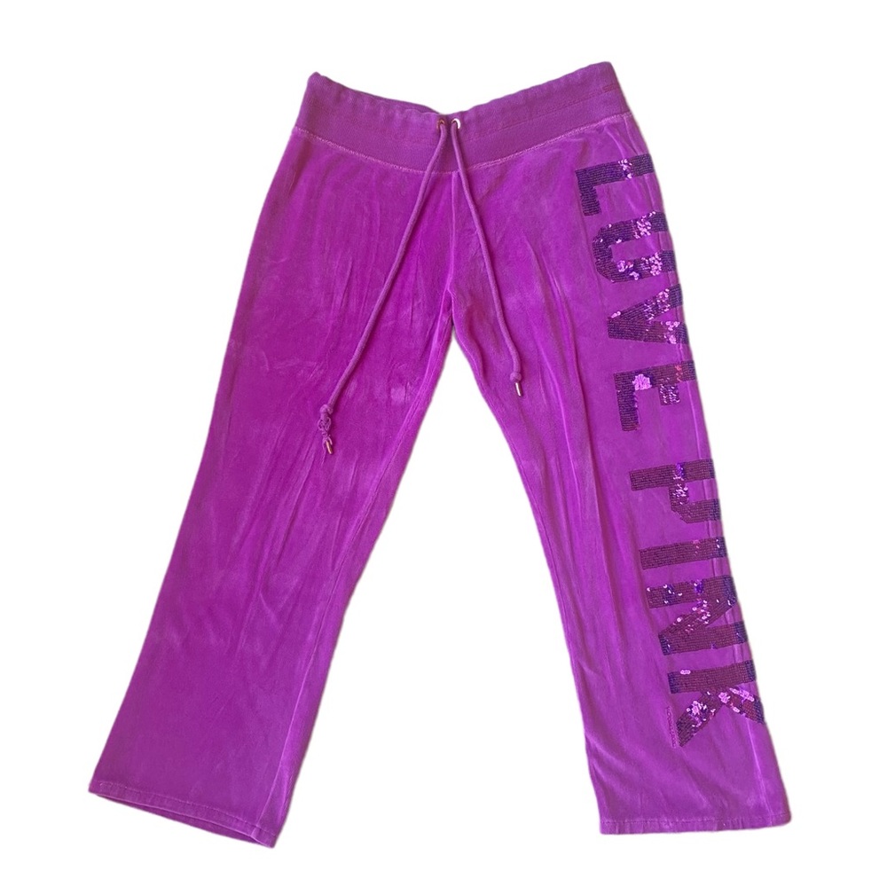 Victoria's Secret Pink Sequin Logo Velour Pants Sporty Bling Barbiecore Yoga M